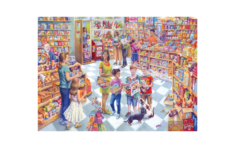 Village News 1000 piece puzzle showcasing a busy shop with people browsing and shopping
