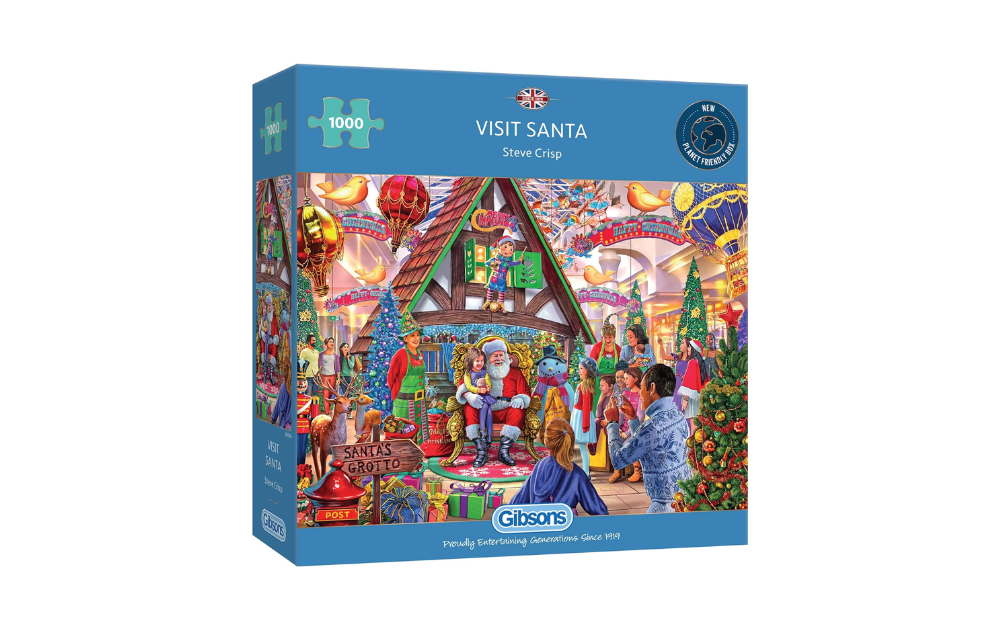 Visit Santa 1000 piece puzzle featuring a colorful Christmas scene with Santa and festive decorations
