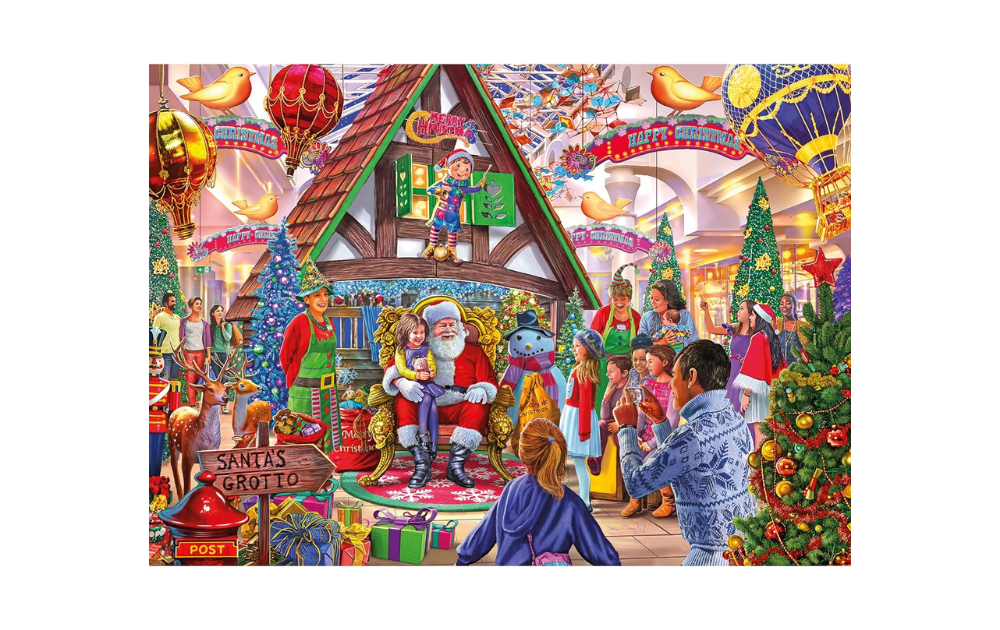 Visit Santa 1000 piece puzzle featuring a vibrant Christmas scene with Santa, children, and festive decorations