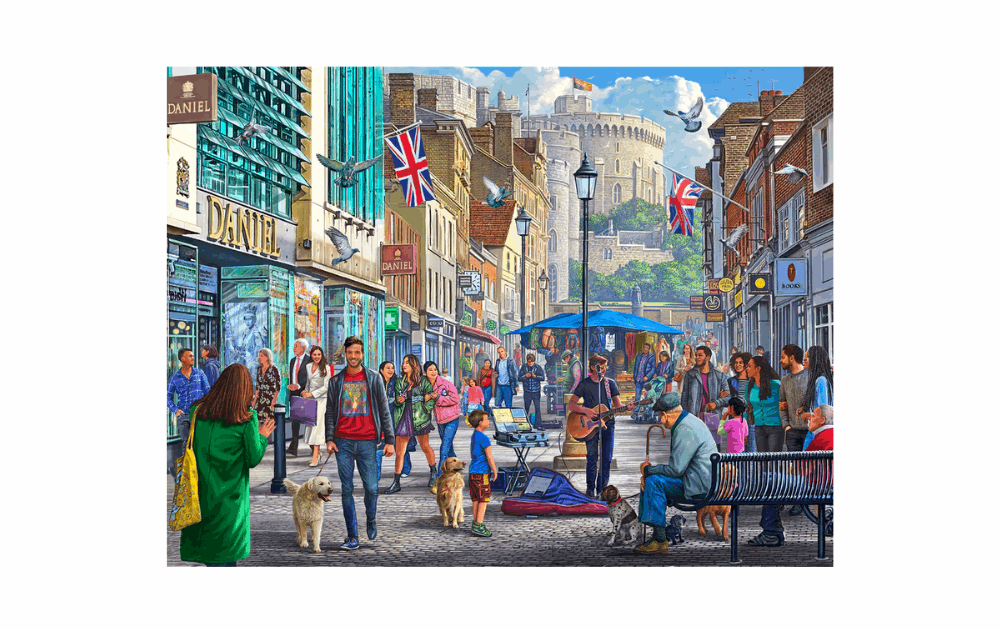 Wandering Through Windsor puzzle featuring busy street scene with people, shops, and Windsor Castle
