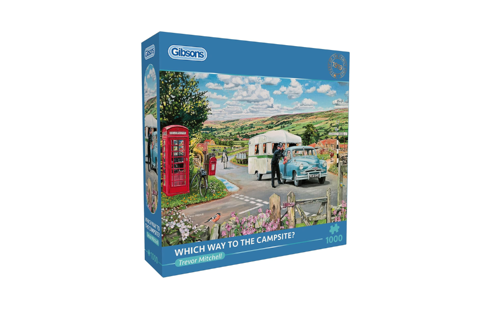 Which Way to the Campsite 1000 piece jigsaw box by Gibsons showing caravan vintage car and red phone box in countryside