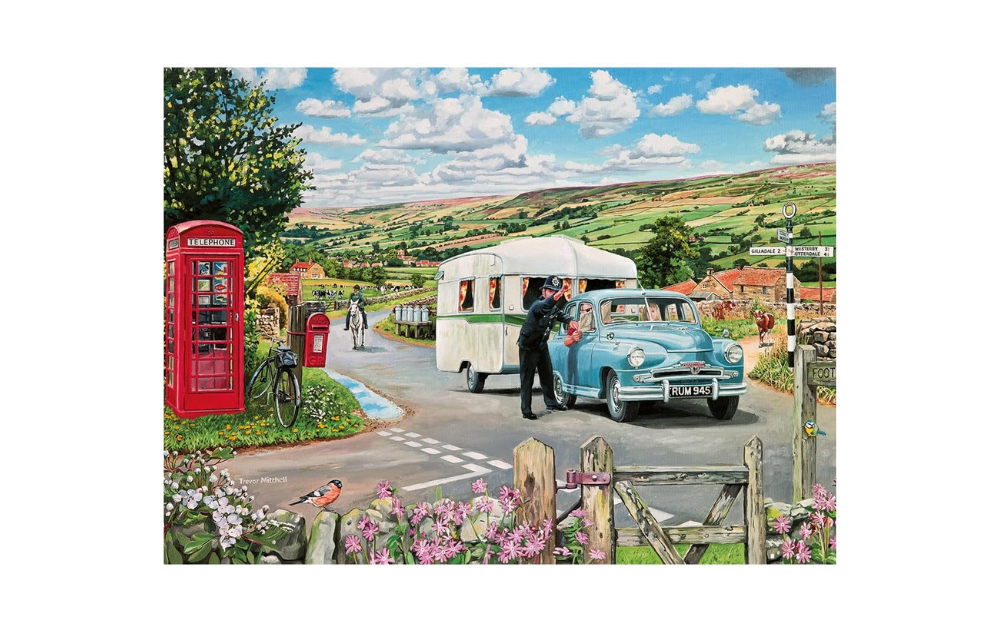 Gibsons Which Way to the Campsite 1000 piece jigsaw showing vintage car and caravan in rural English village