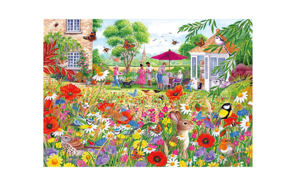 Colorful Wildflower Garden jigsaw puzzle depicting a vibrant garden scene with flowers, animals, and people