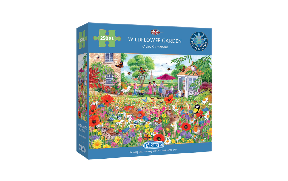 Gibsons Wildflower Garden Puzzle Box featuring a vibrant garden scene with flowers and a garden shed