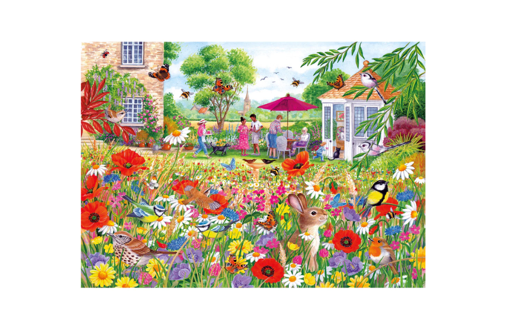 Gibsons Wildflower Garden Puzzle featuring a vibrant garden scene with flowers, birds, and people enjoying nature