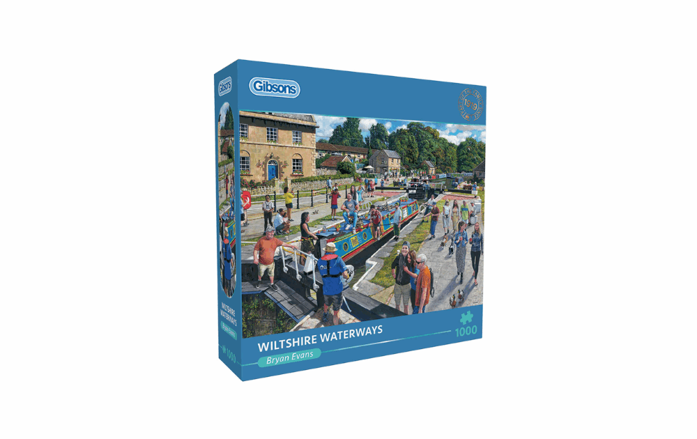 Gibsons Wiltshire Waterways puzzle featuring a colorful scene with boats and people, 1000 pieces