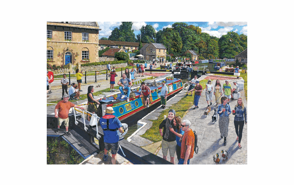 Gibsons Wiltshire Waterways puzzle depicting vibrant canal scene with boats and people enjoying the outdoors