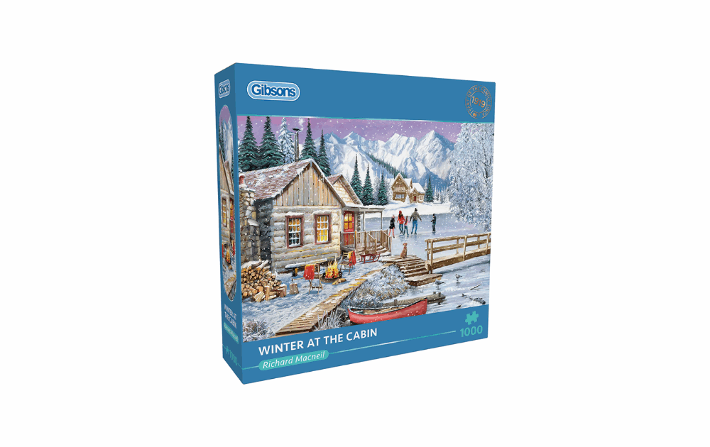 Gibsons winter cabin puzzle featuring a cozy scene of a cabin in a snowy landscape with mountains