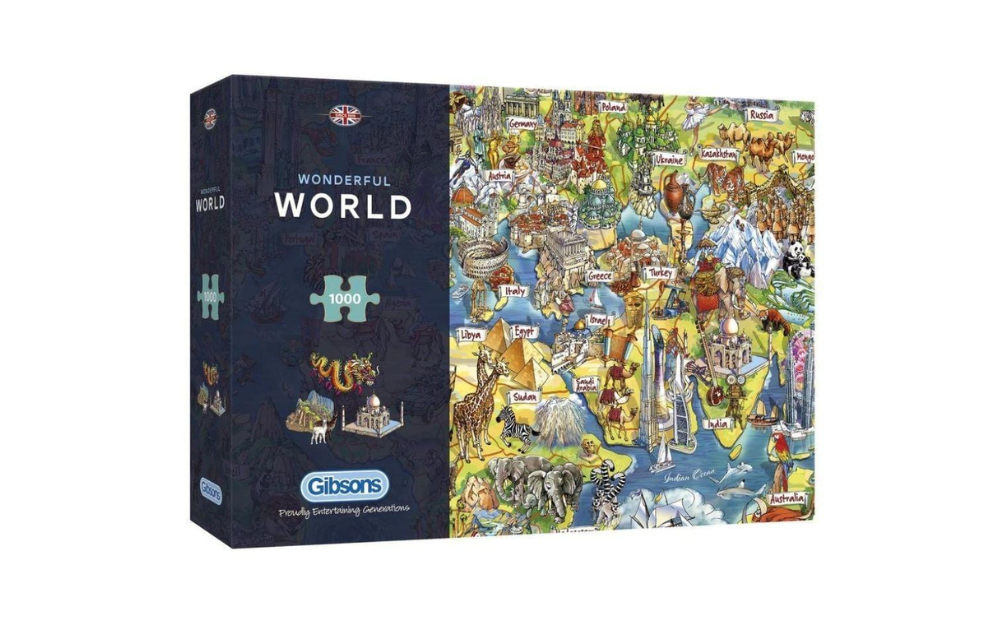 Gibsons Wonderful World jigsaw puzzle box featuring a colorful illustrated world map for 1000 pieces