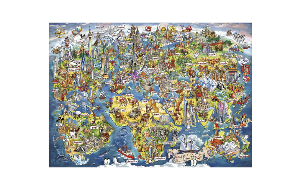 Gibsons Wonderful World jigsaw puzzle depicting detailed illustrations of global landmarks and cultures