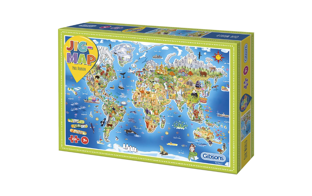 Gibsons world map jigsaw puzzle featuring colorful illustrations of continents and landmarks
