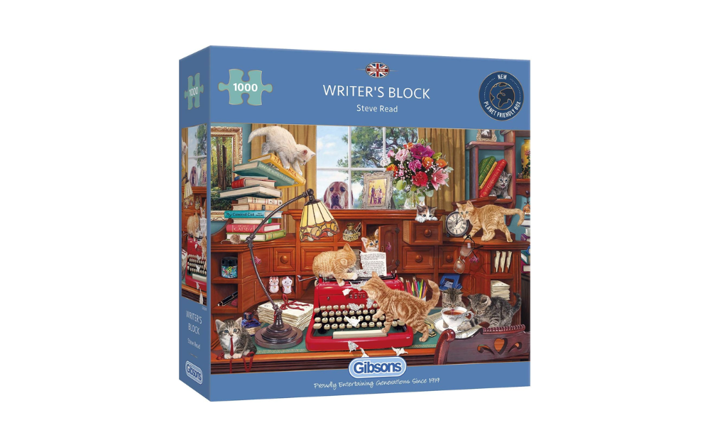 Writer's Block jigsaw puzzle featuring a cozy writing setting with cats and vintage typewriter