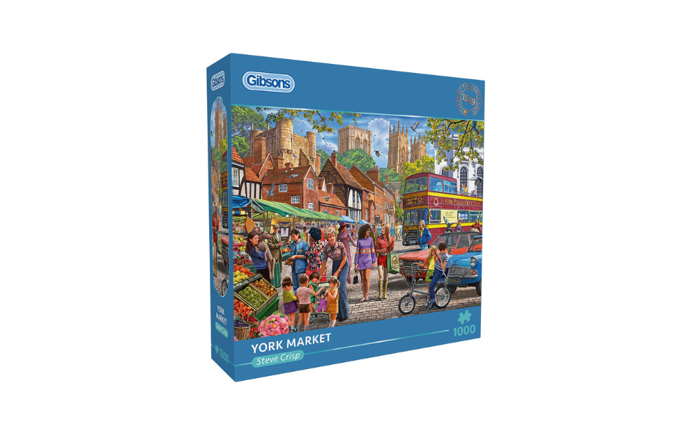 York market 1000 piece jigsaw puzzle by Gibsons showing colourful historic market scene with shoppers and stalls