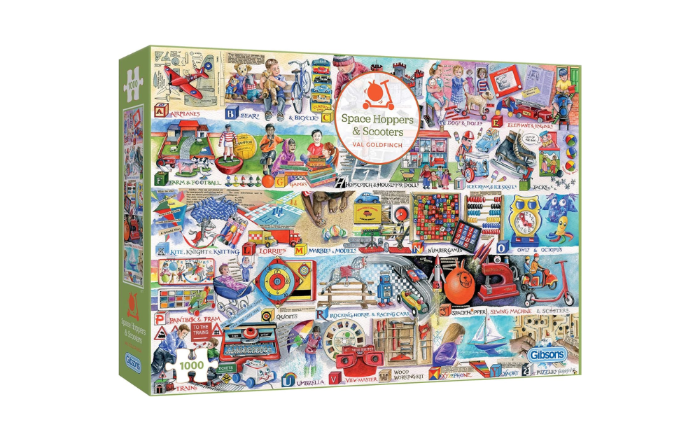 Gibsons Space Hoppers & Scooters jigsaw puzzle featuring colorful illustrations of toys and childhood memories