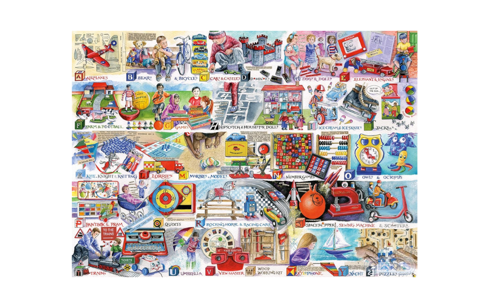Gibsons Space Hoppers & Scooters jigsaw featuring colorful illustrations of toys, games, and activities