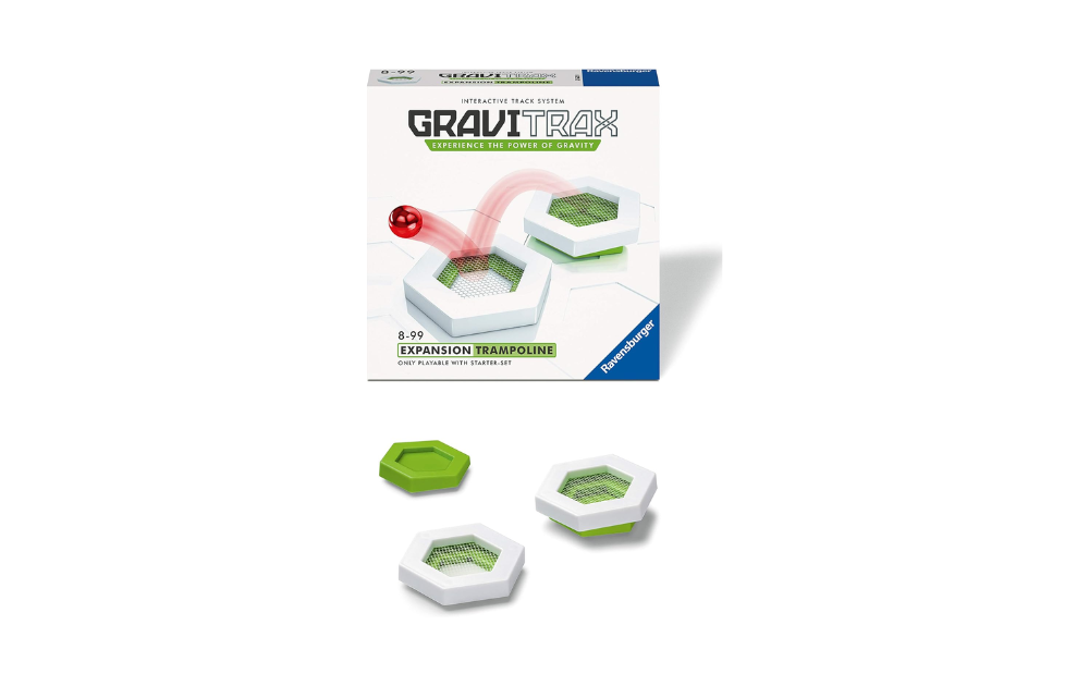 Gravitrax Expansion Trampoline game components with box showcasing interactive track elements for gravity fun