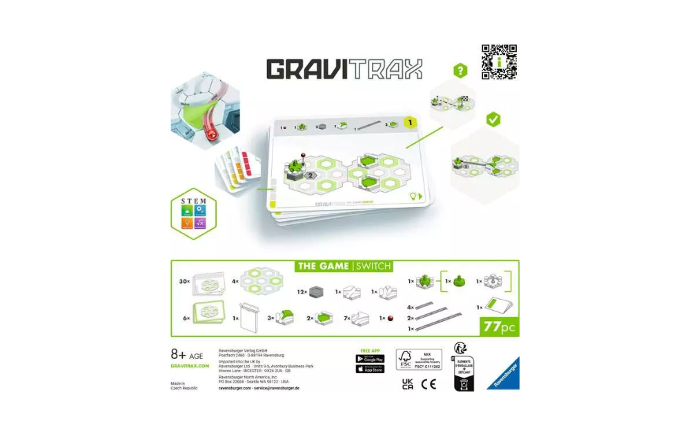 Gravitrax The Game Switch packaging showing components and setup instructions for an interactive STEM game
