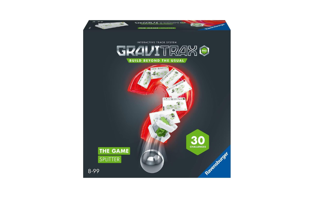 Gravitrax Pro Splitter game box featuring 30 challenges for interactive track building fun