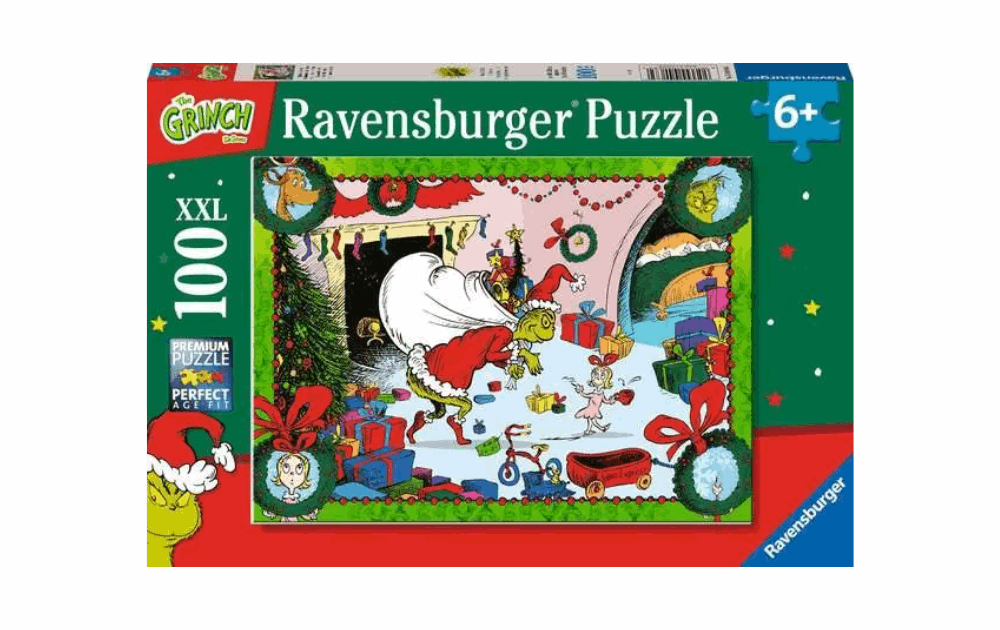 Ravensburger Children's Grinch Christmas puzzle featuring festive scenes with the Grinch and Christmas decorations