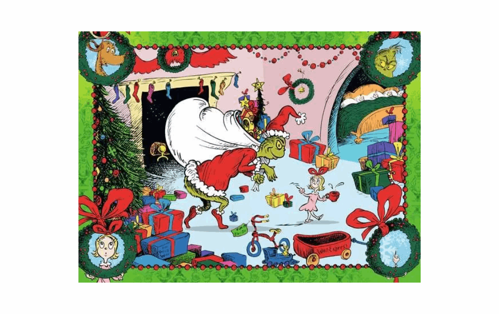 Ravensburger Grinch Christmas puzzle featuring the Grinch stealing gifts in a festive scene