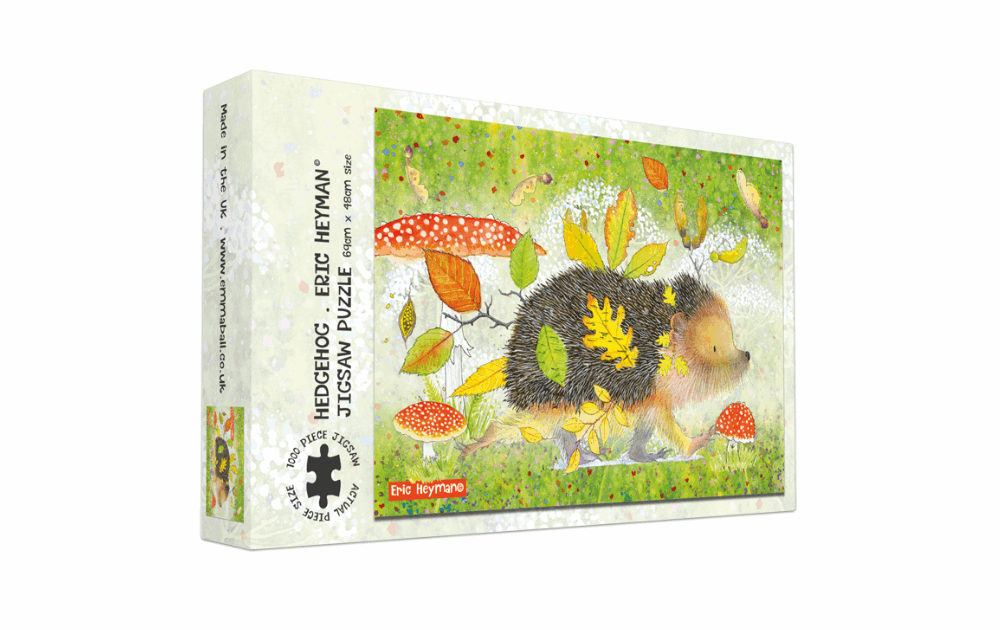 Emma Ball Hedgehog Jigsaw Puzzle featuring a whimsical illustration of a hedgehog in a colorful autumn scene