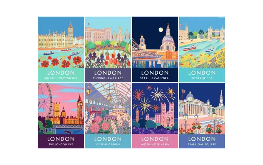 Ravensburger vintage London jigsaw puzzle featuring eight colourful retro panels of iconic London landmarks