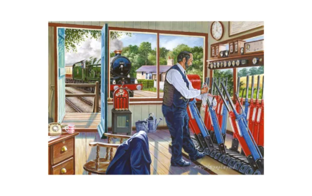 250 piece railway jigsaw puzzle of a signal box interior with signalman operating levers and steam train outside