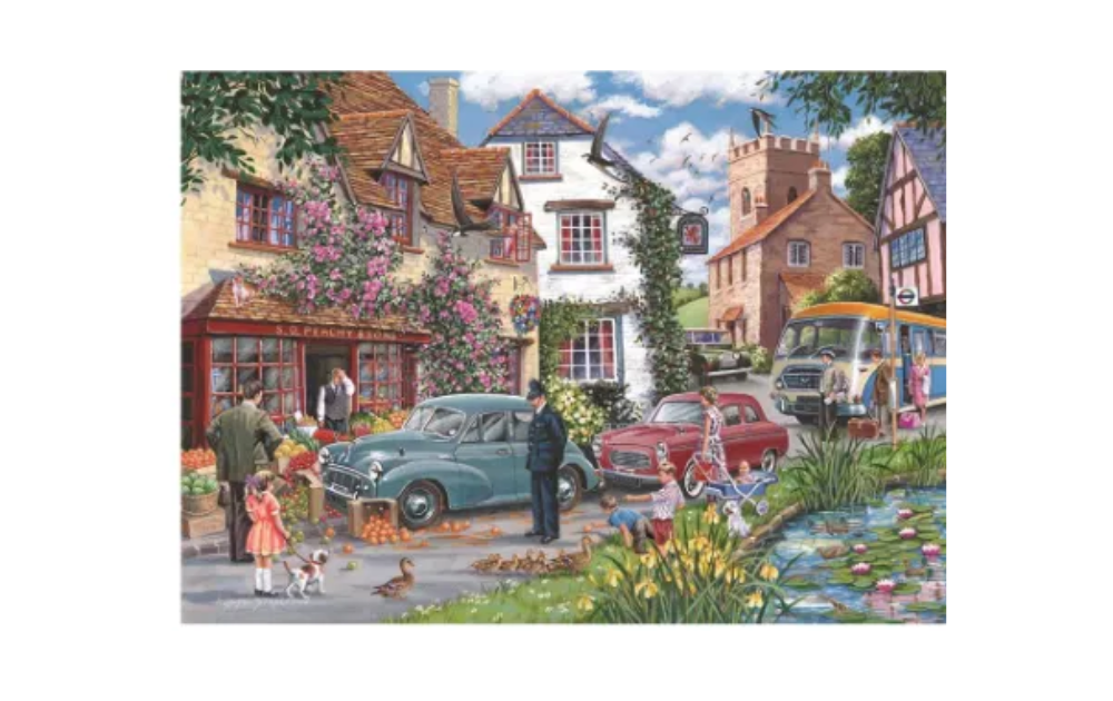 House of Puzzles Traffic Jam 500 piece jigsaw puzzle scenic English village with vintage cars ducks and pond