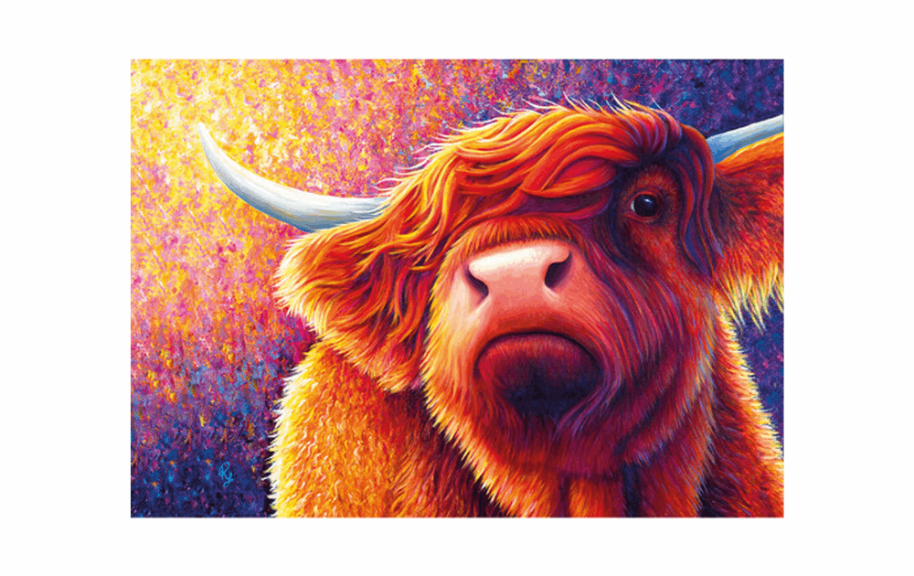 Colorful Highland cow puzzle 500 pieces featuring vibrant artwork of a Highland cow