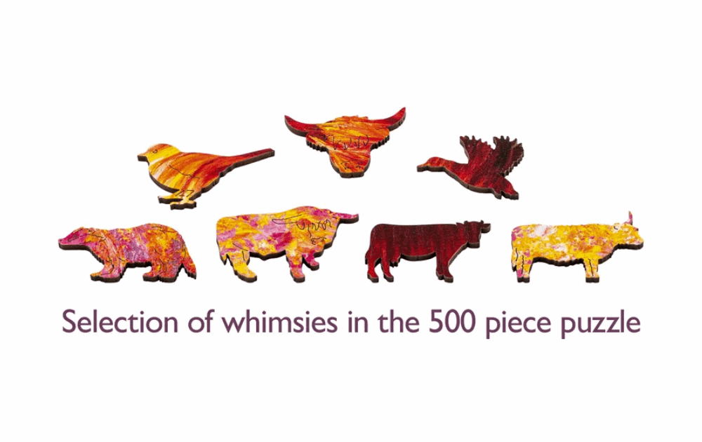 Selection of whimsies in the Wentworth Highland cow puzzle 500 pieces featuring various animal shapes