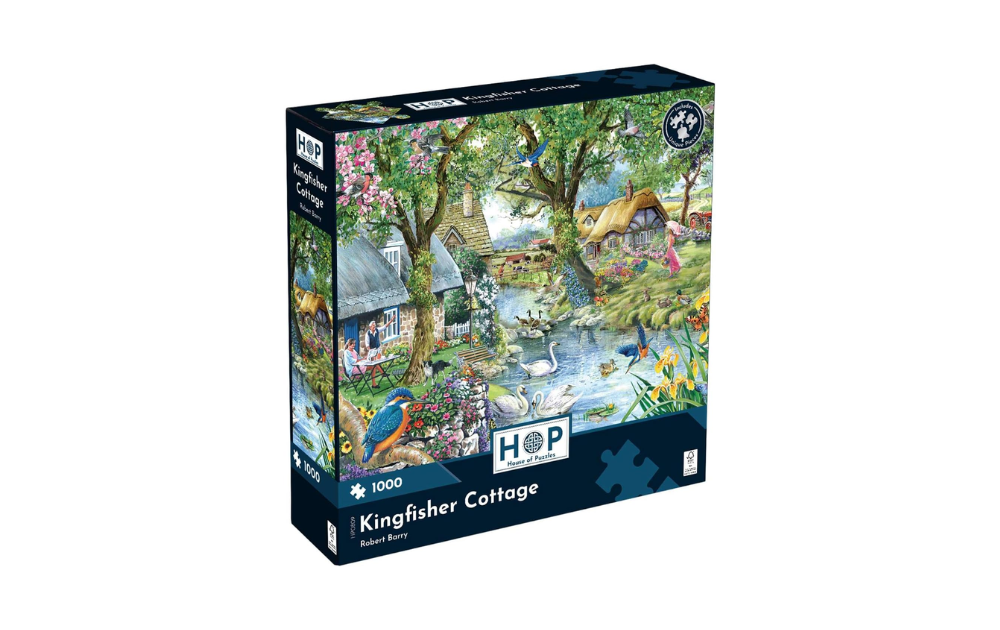 House of Puzzles 1000 Piece Kingfisher Cottage Jigsaw Puzzle featuring a serene garden scene