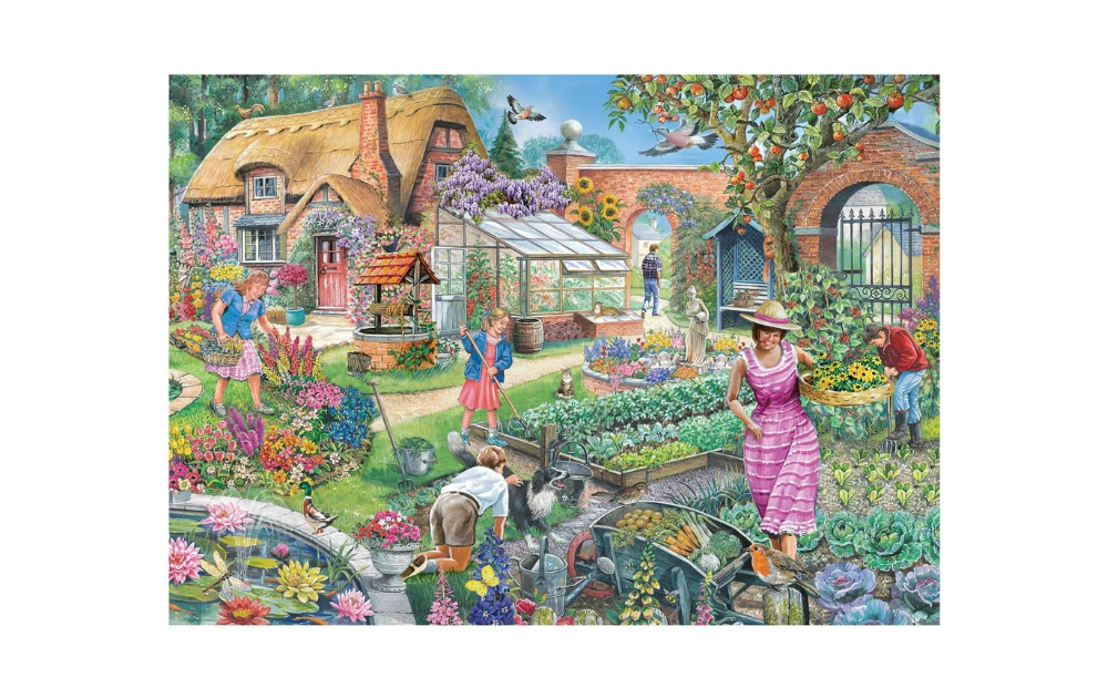 House of Puzzles 1000 Piece Pretty Potager Jigsaw Puzzle featuring a colourful garden scene