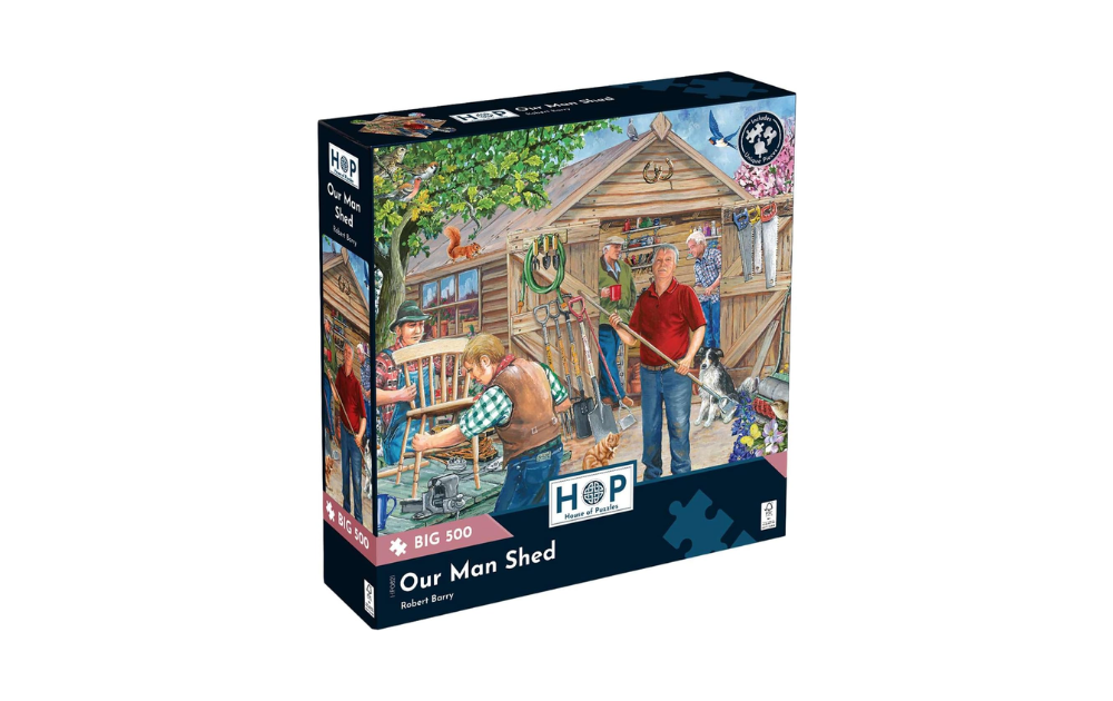 House of Puzzles 500 Piece Man Shed Jigsaw Puzzle featuring a lively scene of men working in a garden shed