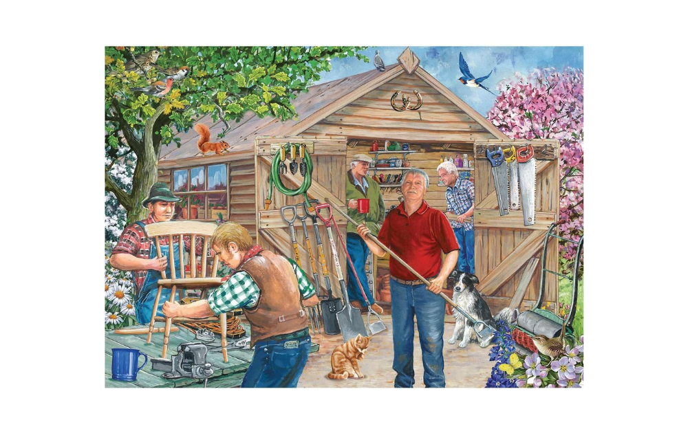 500 Piece Man Shed Jigsaw Puzzle by House of Puzzles featuring men working on projects in a garden shed