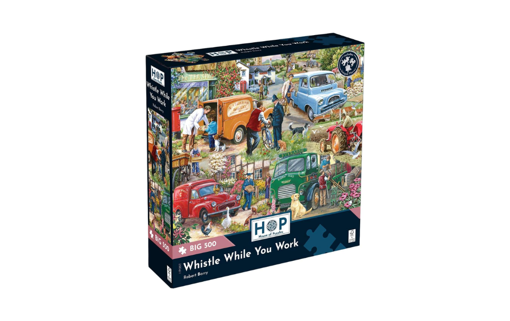 500 Piece Whistle While You Work Jigsaw Puzzle by House of Puzzles featuring a vibrant village scene with vintage vehicles