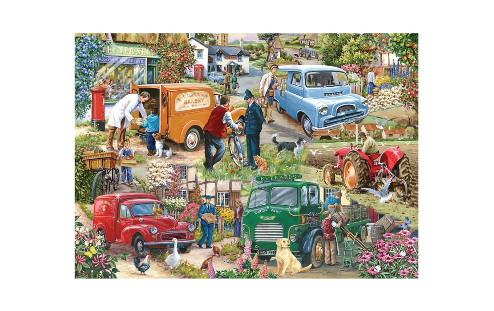House of Puzzles 500 Piece Whistle While You Work Jigsaw Puzzle featuring a vibrant countryside scene
