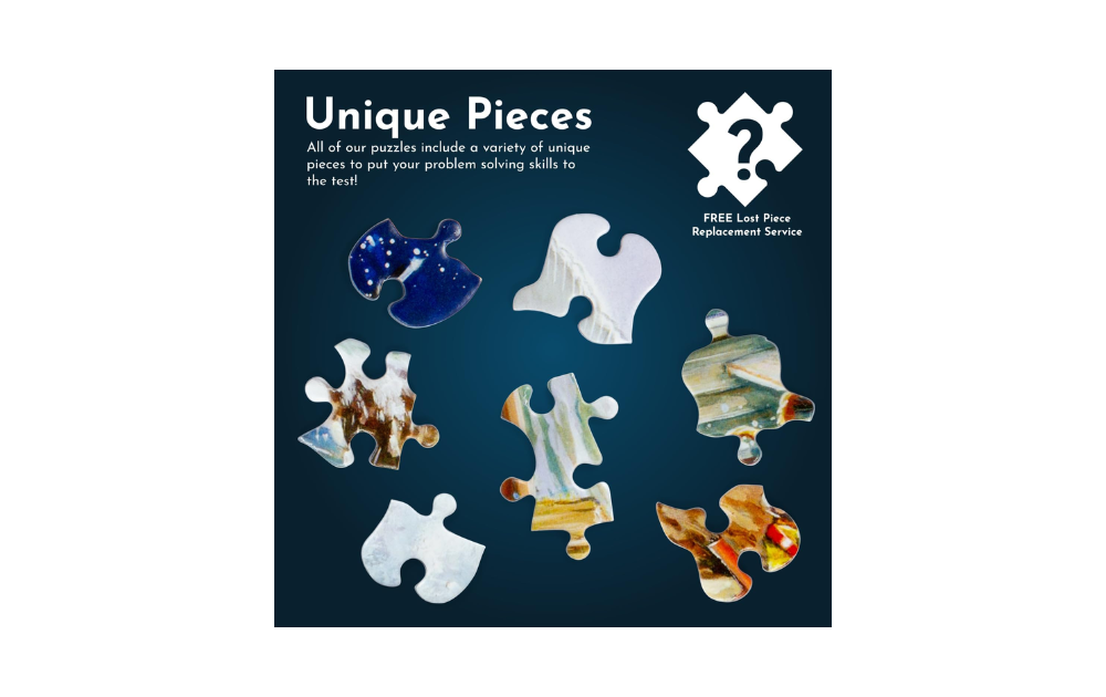 House of Puzzles Going on Gold 1000 piece jigsaw puzzle. Display of unique sample pieces on navy background