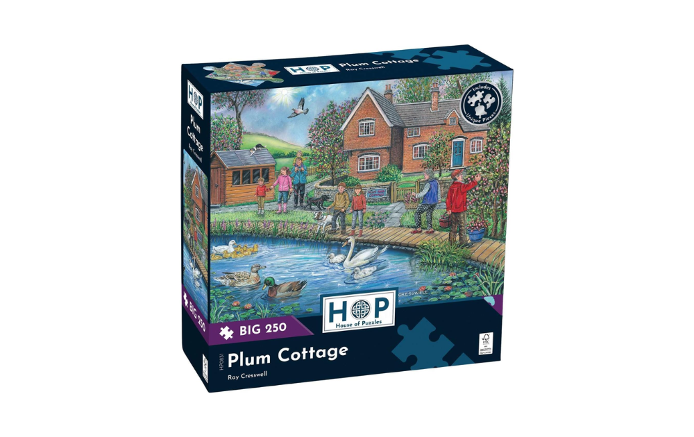 House of Puzzles 250 Piece Plum Cottage Jigsaw Puzzle featuring a scenic cottage by a pond with people and swans