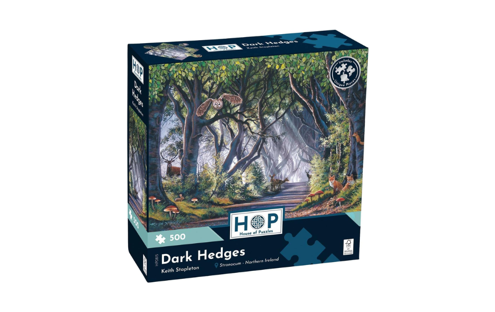 500 Piece Dark Hedges Jigsaw Puzzle by House of Puzzles featuring a serene forest pathway