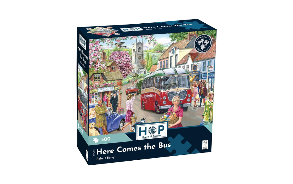 500 Piece Here Comes The Bus Jigsaw Puzzle by House of Puzzles featuring a vibrant village scene