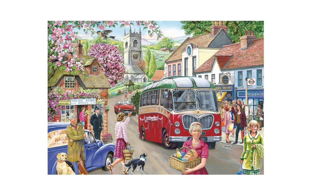 House of Puzzles 500 Piece Here Comes The Bus Jigsaw Puzzle featuring a vibrant village scene