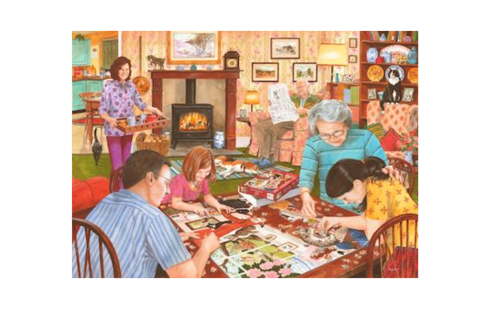 500 piece House of Puzzles jigsaw depicting a family gathering around a table working on a puzzle in a cozy living room