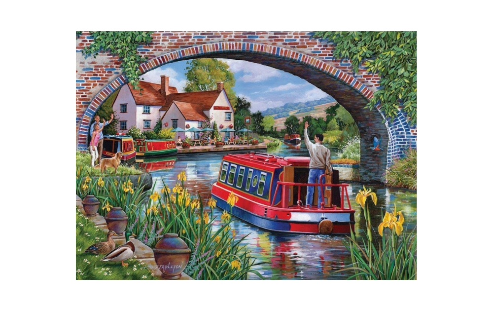 Over & Under Big 500 Piece Puzzle by House of Puzzles featuring a scenic canal view with boats