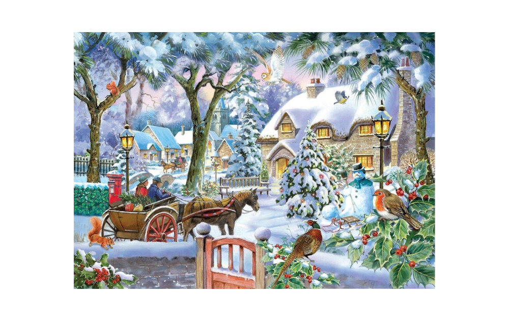 Almost Home jigsaw puzzle by House of Puzzles featuring a snowy village scene with a horse-drawn cart