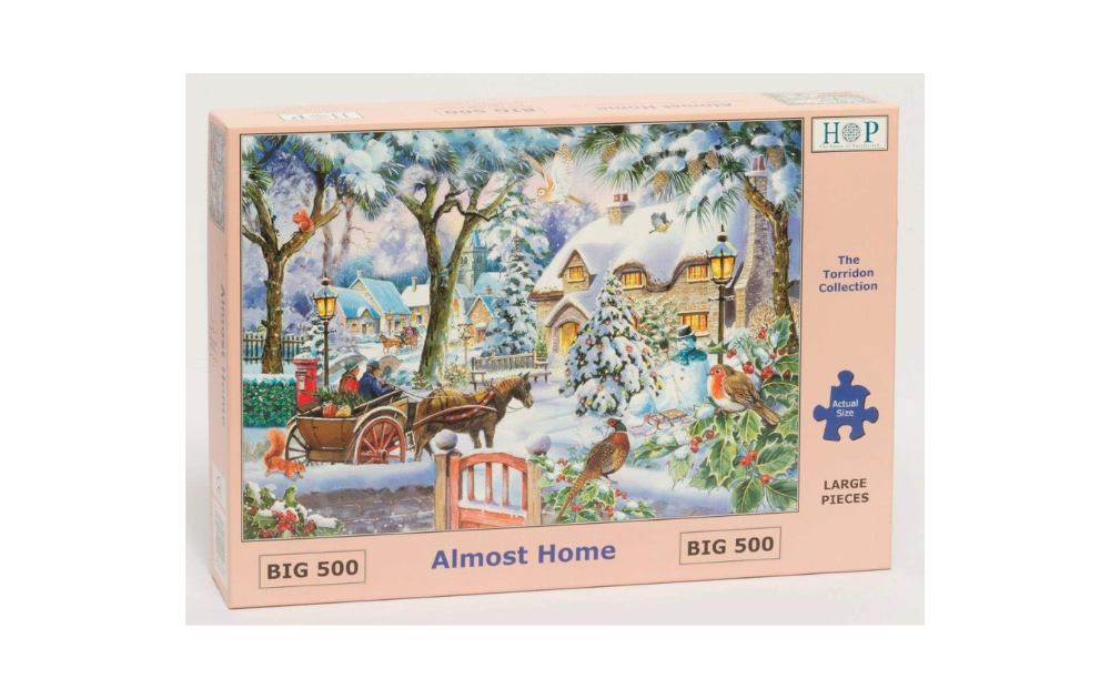 Almost Home jigsaw puzzle by House of Puzzles featuring a winter scene with a horse-drawn carriage and snow-covered houses