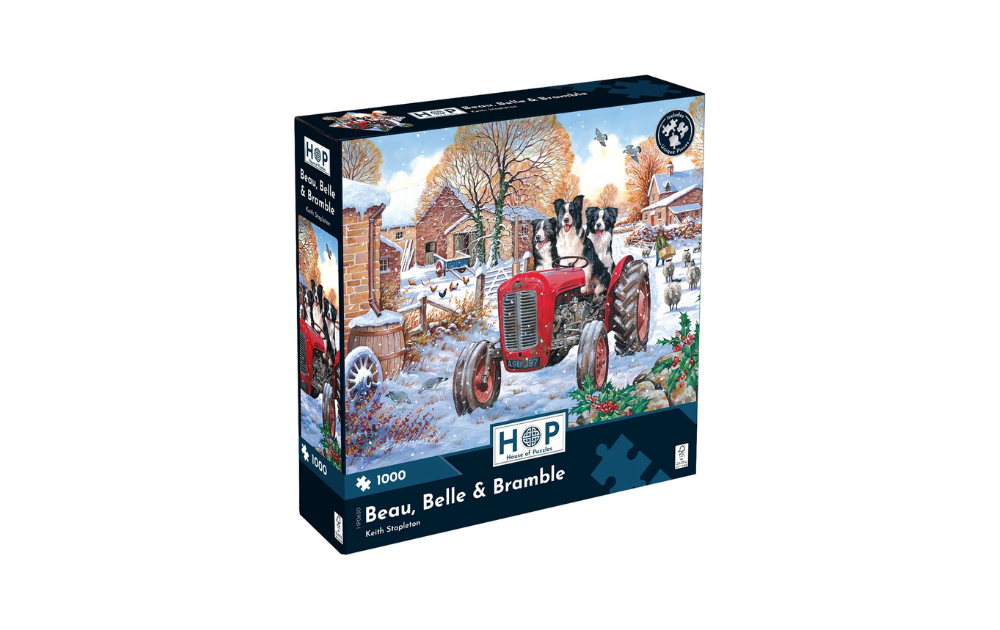 Beau, Belle & Bramble 1000 Piece Jigsaw Puzzle by House of Puzzles featuring a countryside scene with a red tractor.