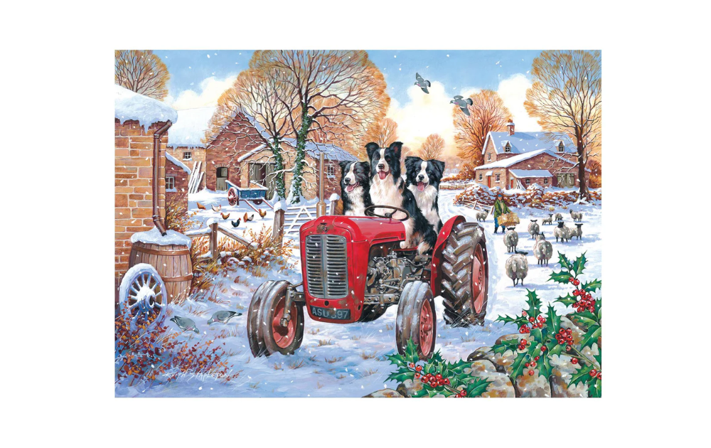 Beau, Belle & Bramble 1000 Piece Jigsaw Puzzle by House of Puzzles featuring dogs on a red tractor in a snowy farm scene