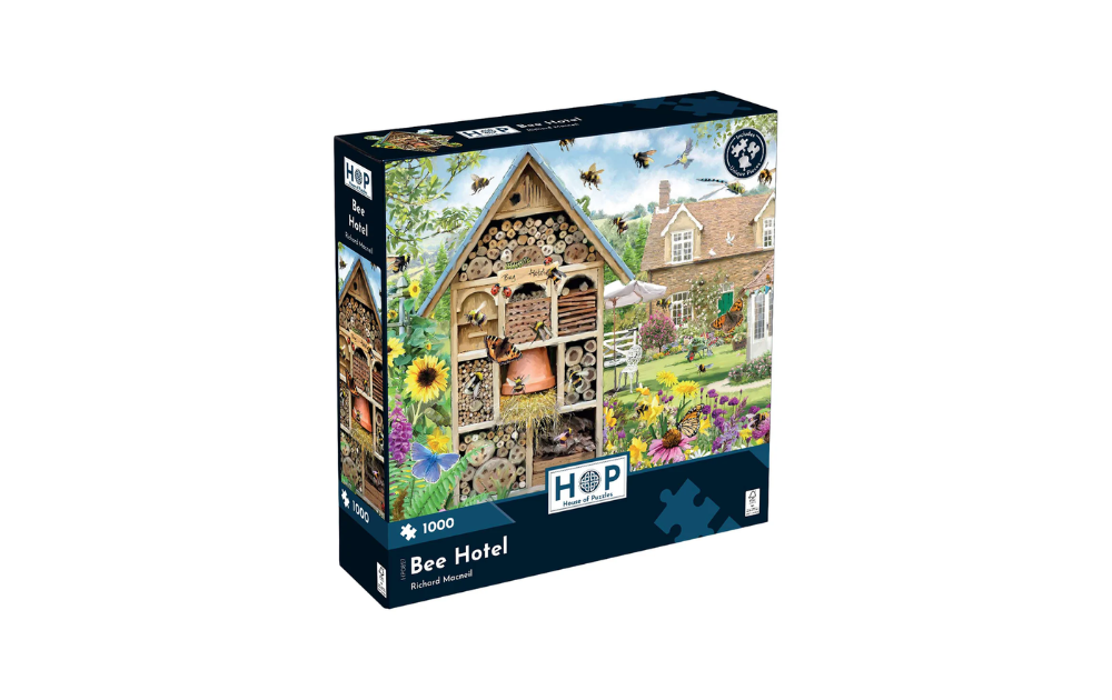 Bee Hotel 1000 Piece Jigsaw Puzzle from House of Puzzles featuring a colourful garden scene with a bee hotel