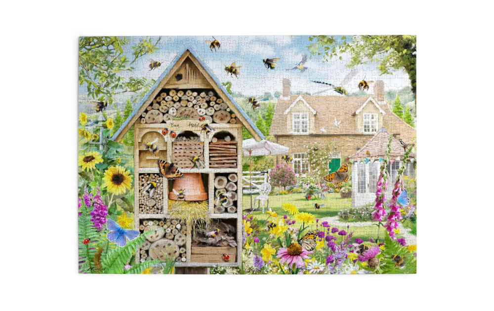 Bee Hotel 1000 Piece Jigsaw Puzzle from House of Puzzles featuring a garden scene with a bee hotel