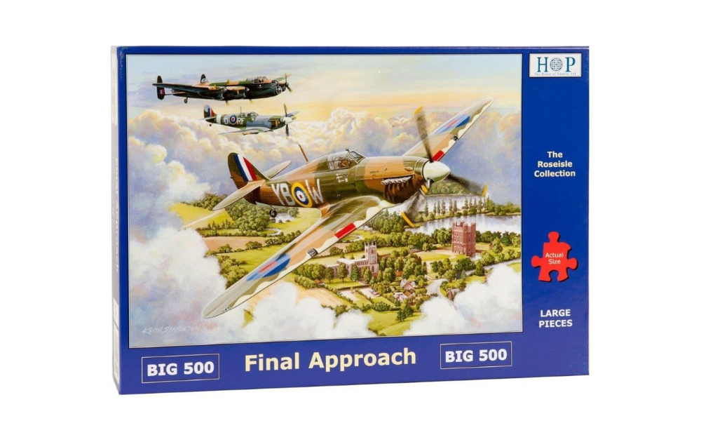 House of Puzzles Big 500 piece Final Approach jigsaw featuring historic aircraft in a scenic landscape